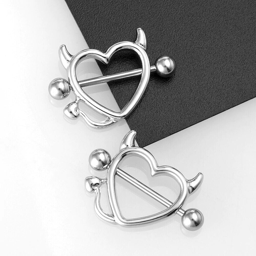 2PCS Devil Heart Nipple Piercing Bar Nipple Ring Shield Cover Barbell for Women