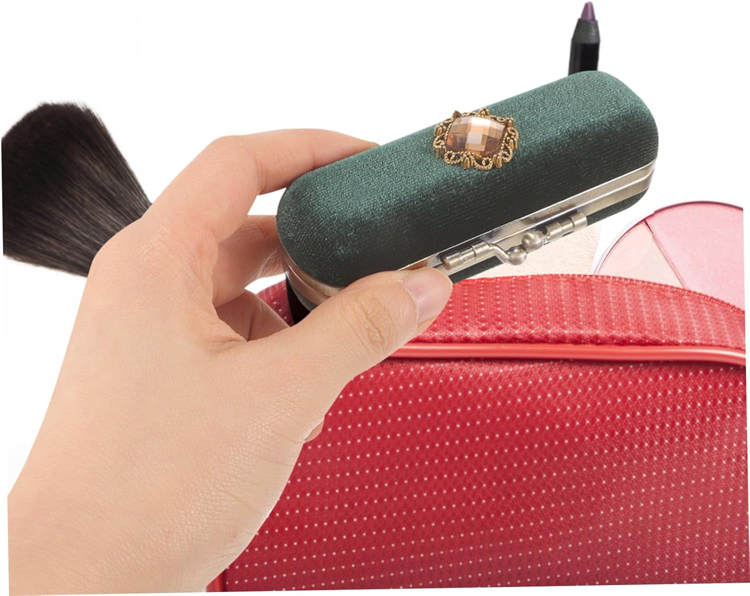 Velvet Lipstick Box Makeup Bag Travel Toiletry Bag Make up Bag for Traveling Lipstick Bag Lipstick Case Decorative Lipstick Holder for Purse Lip Balm Case Dark Green Zinc Alloy