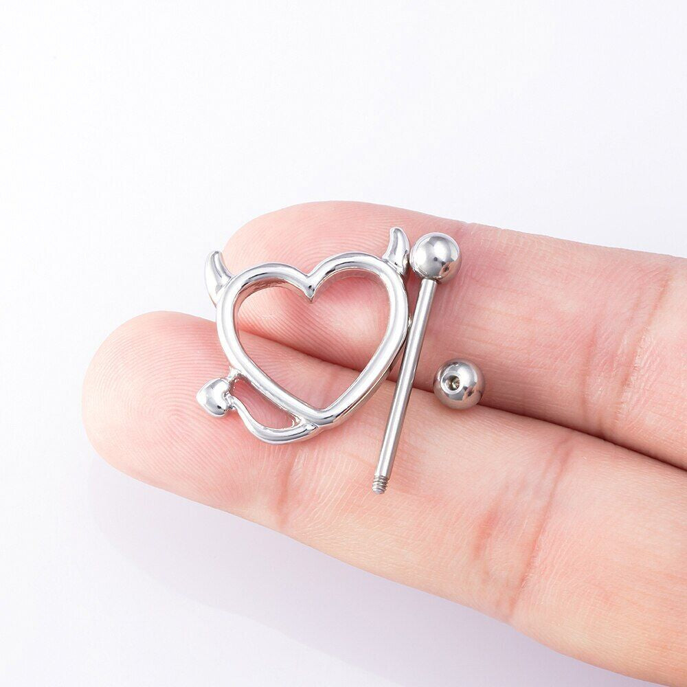 2PCS Devil Heart Nipple Piercing Bar Nipple Ring Shield Cover Barbell for Women