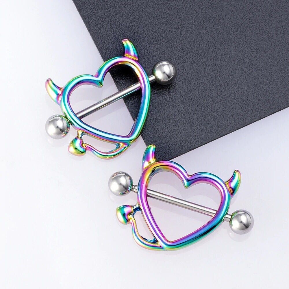 2PCS Devil Heart Nipple Piercing Bar Nipple Ring Shield Cover Barbell for Women