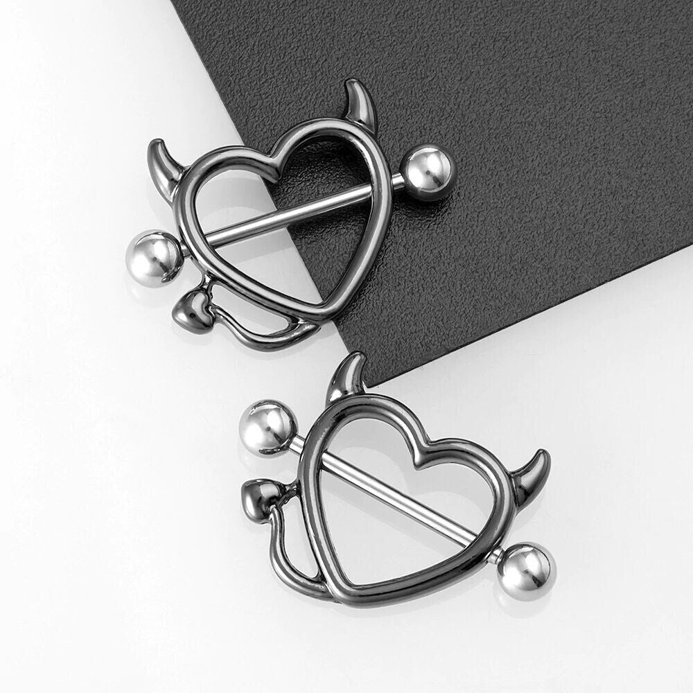 2PCS Devil Heart Nipple Piercing Bar Nipple Ring Shield Cover Barbell for Women