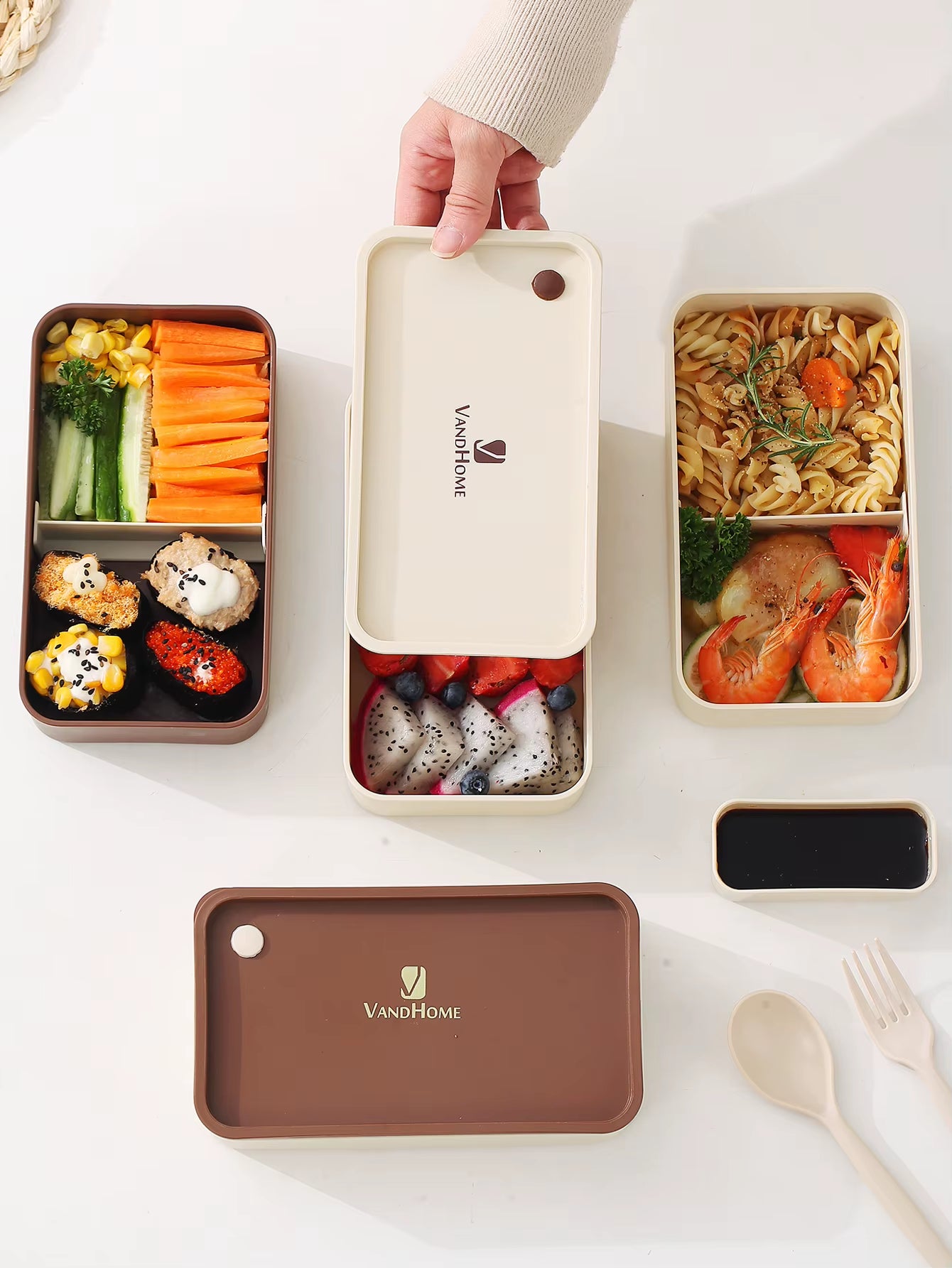 Portable Lunch Box Microwave Safe Plastic Bento Box with Compartments & Sauce Box Stackable Salad Fruit Food Container