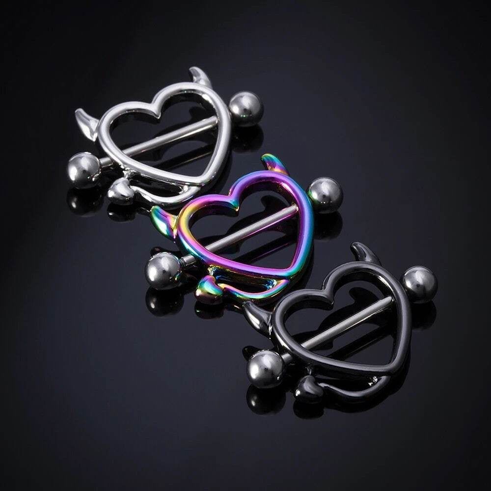 2PCS Devil Heart Nipple Piercing Bar Nipple Ring Shield Cover Barbell for Women