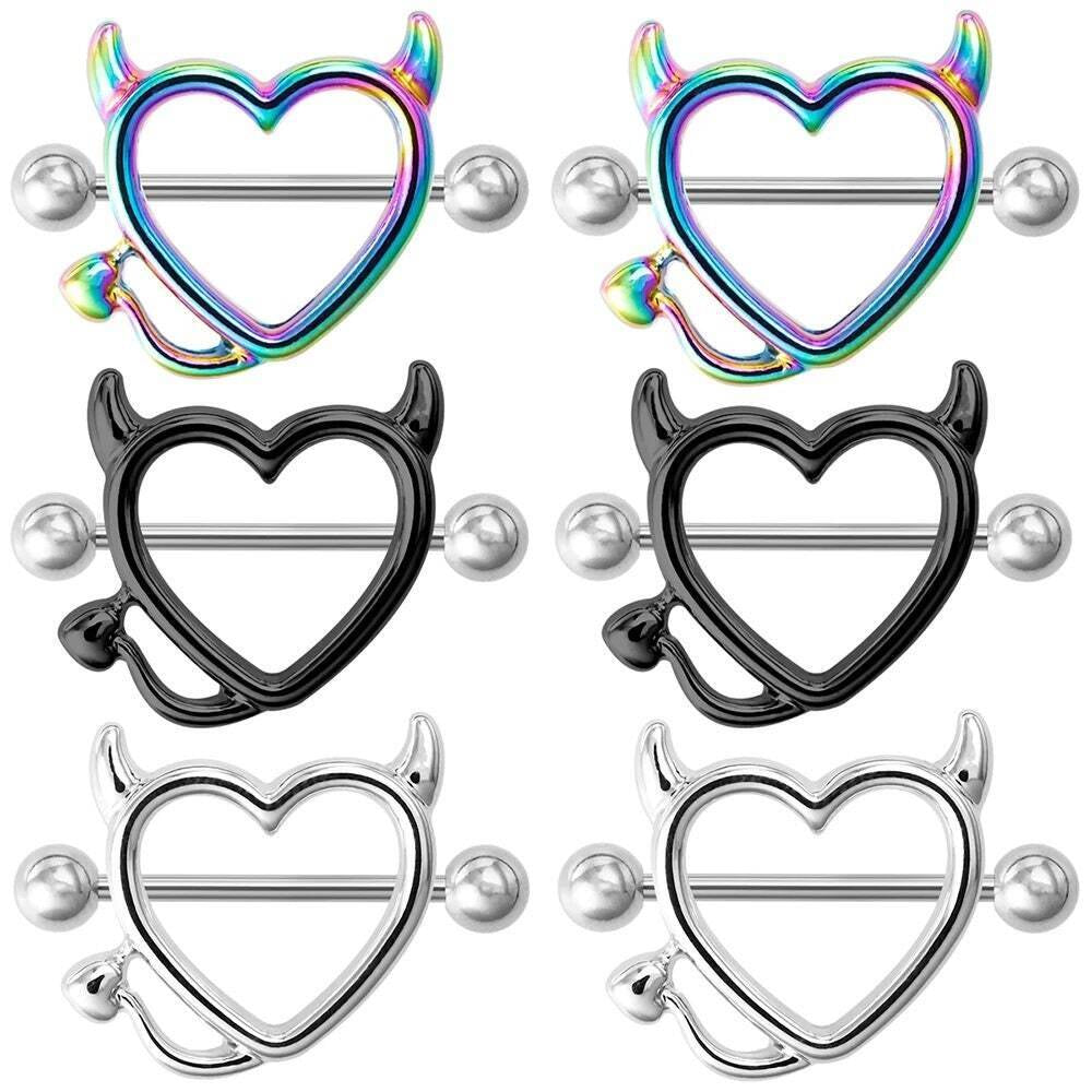 2PCS Devil Heart Nipple Piercing Bar Nipple Ring Shield Cover Barbell for Women