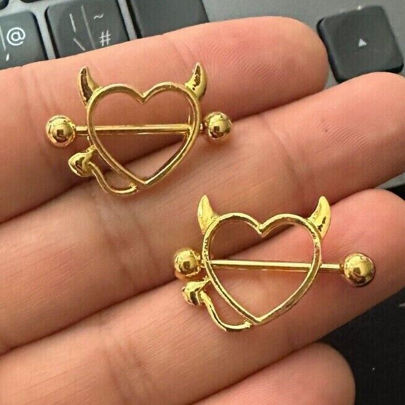 2PCS Devil Heart Nipple Piercing Bar Nipple Ring Shield Cover Barbell for Women