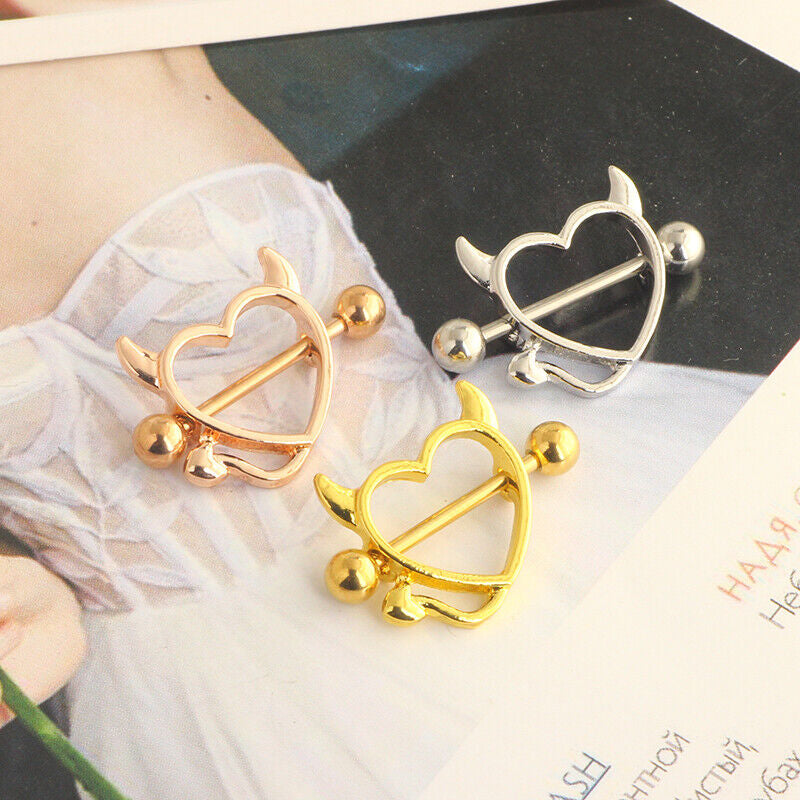 2PCS Devil Heart Nipple Piercing Bar Nipple Ring Shield Cover Barbell for Women