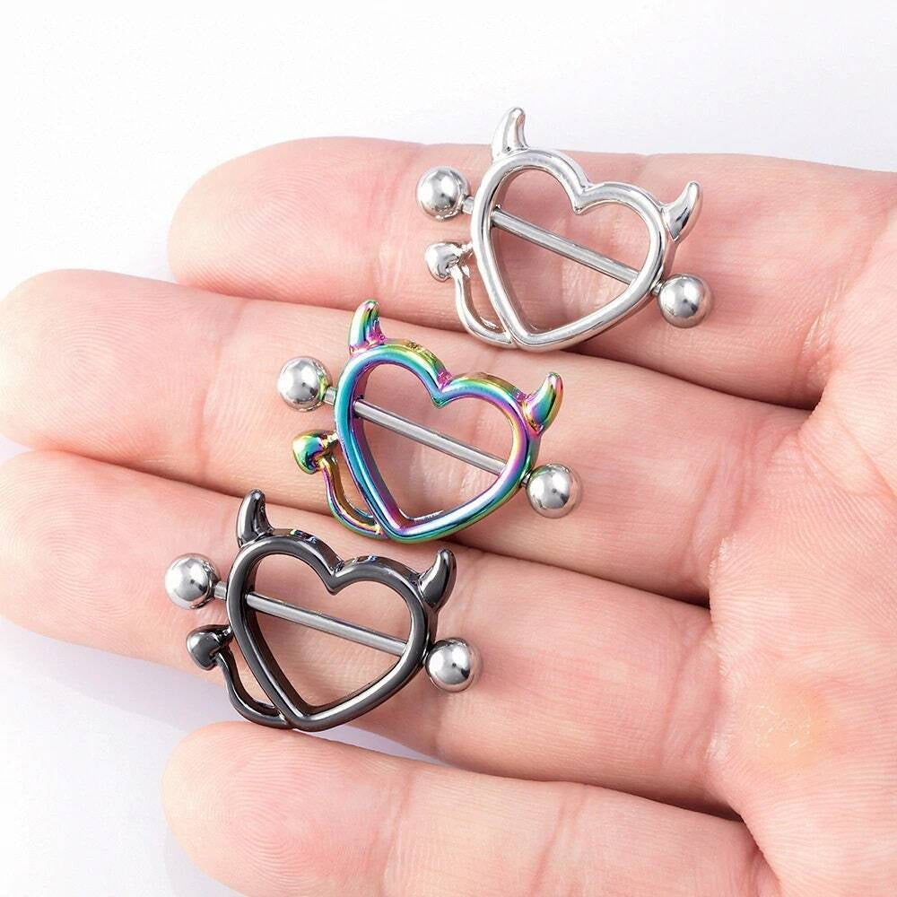 2PCS Devil Heart Nipple Piercing Bar Nipple Ring Shield Cover Barbell for Women