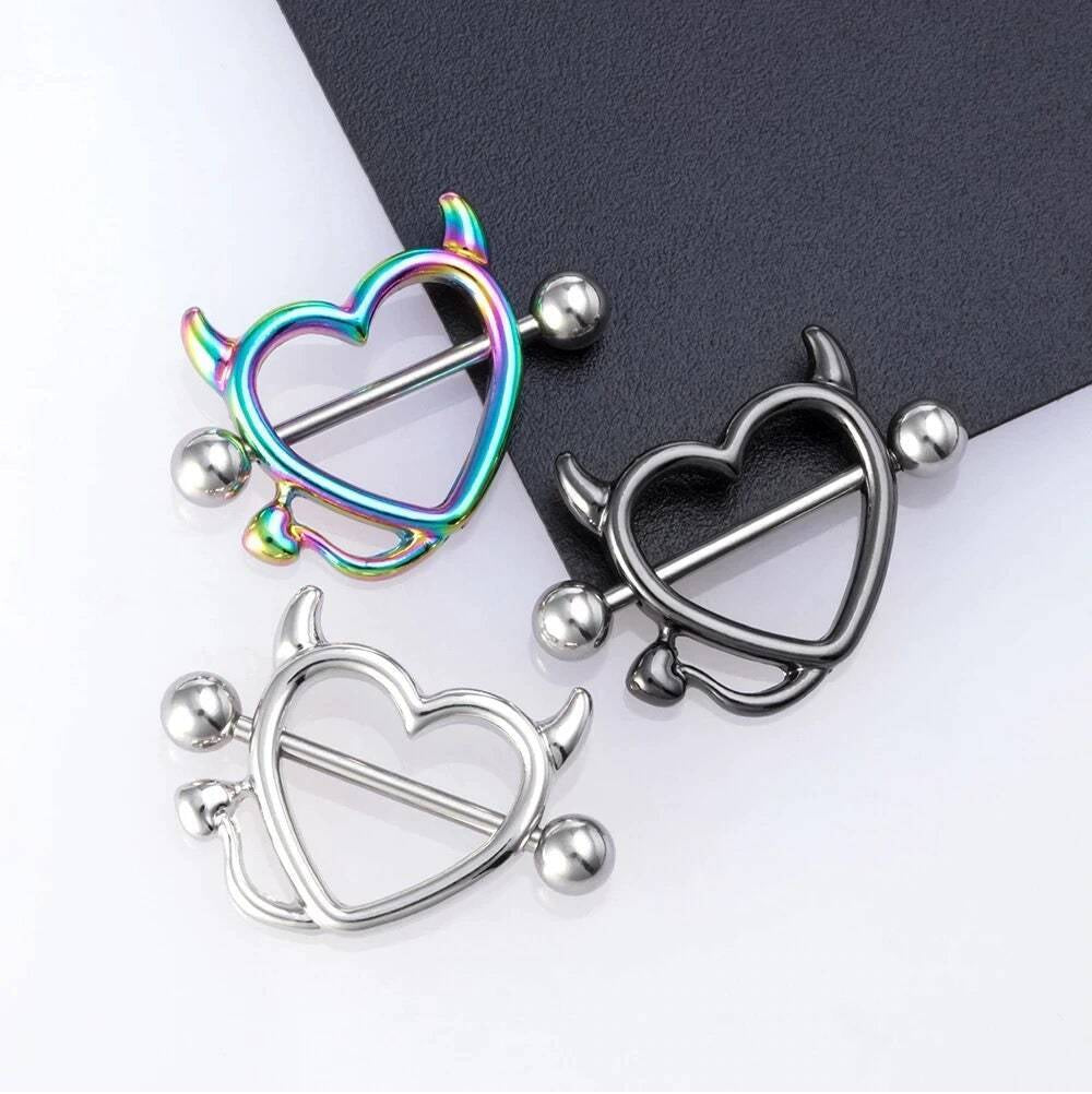 2PCS Devil Heart Nipple Piercing Bar Nipple Ring Shield Cover Barbell for Women