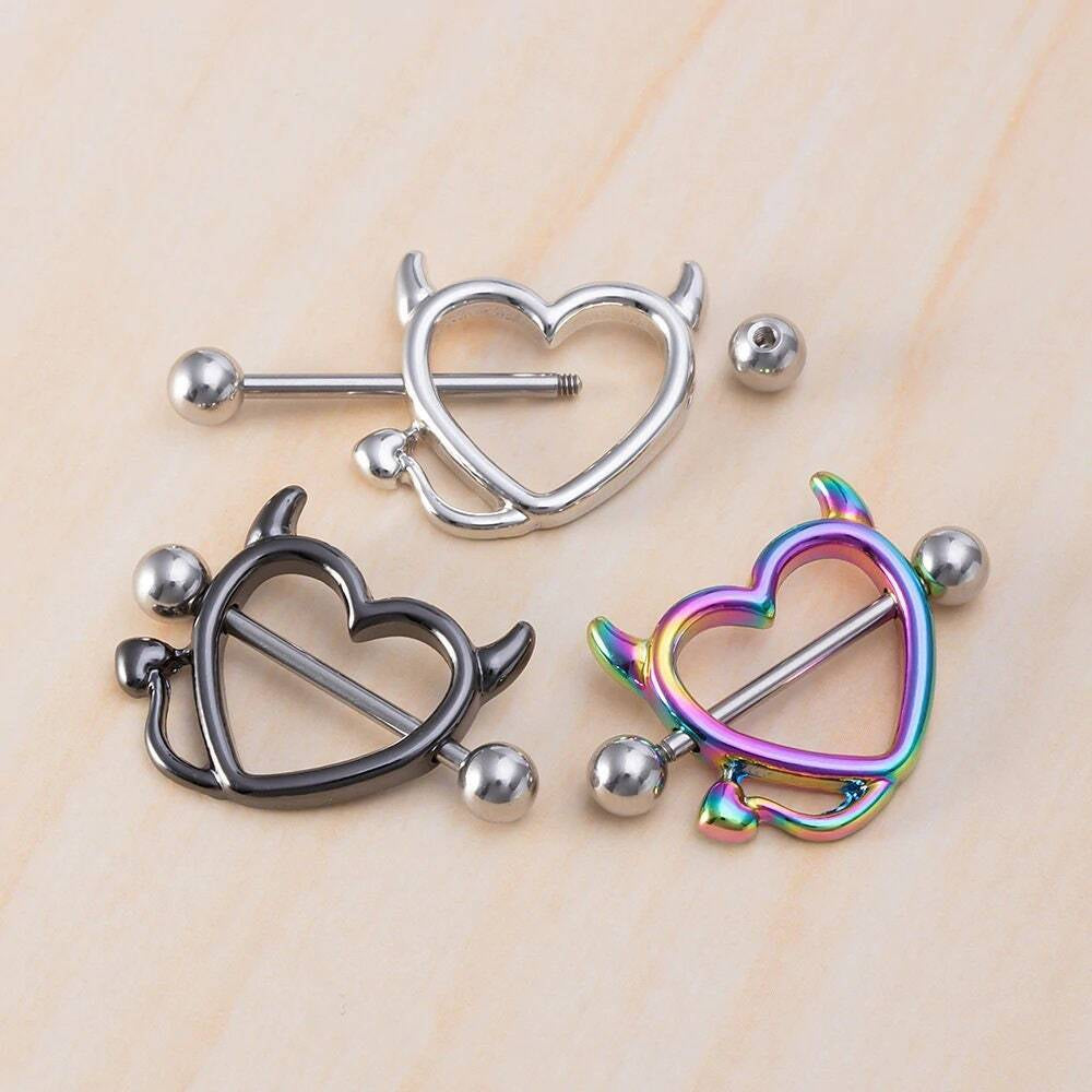 2PCS Devil Heart Nipple Piercing Bar Nipple Ring Shield Cover Barbell for Women