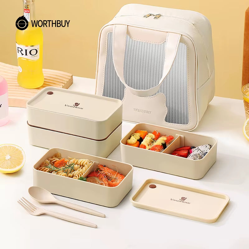 Portable Lunch Box Microwave Safe Plastic Bento Box with Compartments & Sauce Box Stackable Salad Fruit Food Container